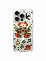 Winged boombox with roses, lightning and swallows artwork on an iPhone 15 Pro case