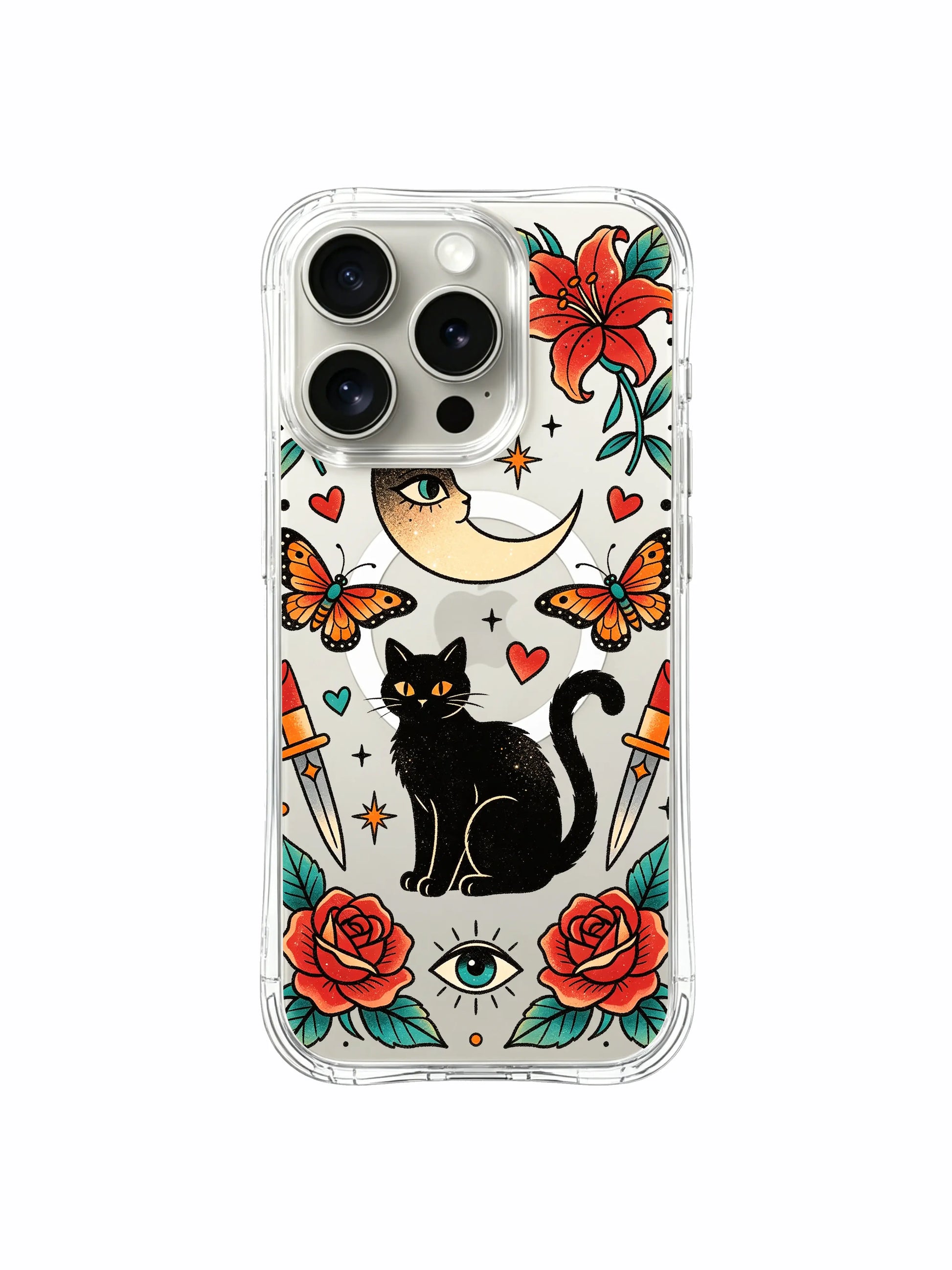 PhoneCasing iPhone 15 pro Case dual bottom full roses with heart trim, single left lipstick dagger, two upper butterflies and tropical foliage, anti-drop shock absorbing art iPhone 15 pro casing.