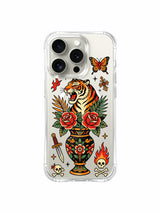 PhoneCasing iPhone 15 pro Case dual bottom skulls with fire, single left dagger, two top butterflies and tropical leaves, anti-drop shock absorbing art iPhone 15 pro casing.