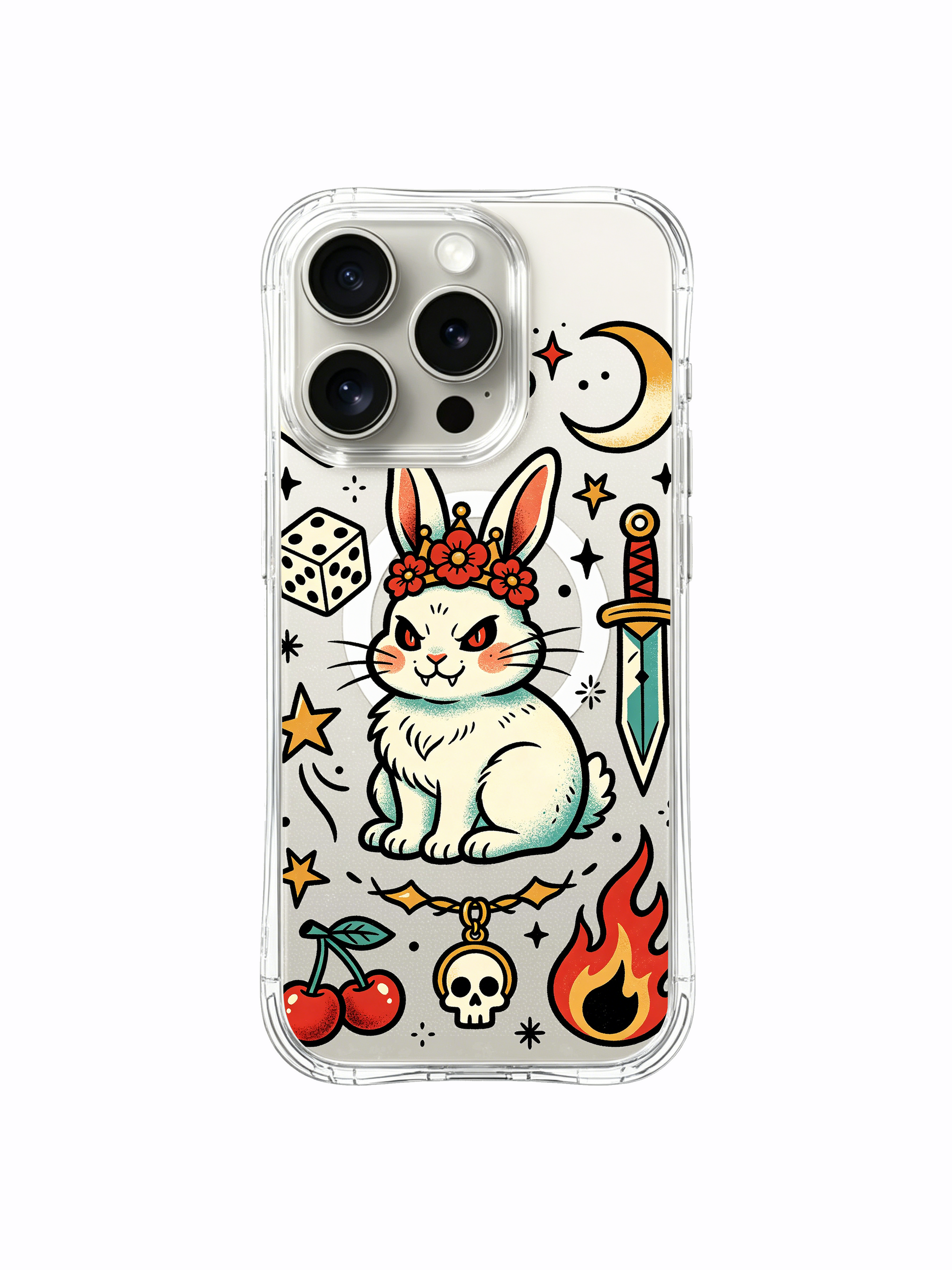 PhoneCasing iPhone 15 pro Case dual side green clovers, bottom hollow skull pendant detail, large blazing fire beside defiant bunny, anti-drop shock absorbing art iPhone 15 pro casing.
