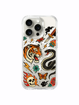 Tiger and serpent duel with side clovers and winged skull artwork on an iPhone 15 Pro case