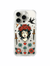 Calm storm lady with side clovers and winged skull artwork on an iPhone 15 Pro case