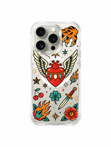 PhoneCasing iPhone 15 pro Case dual side roses, bottom hollow skull detail, large fiery runaway heart beside small coiled flame, anti-drop shock absorbing art iPhone 15 pro casing.
