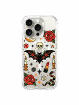 Floral bat with roses, skull and snake artwork on an iPhone 15 Pro case