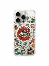 PhoneCasing iPhone 15 pro Case dual side conch shells, bottom full treasure crate detail, large coral bloom surrounding skeletal fish beside winding sea snake, anti-drop shock absorbing art iPhone 15 pro casing.