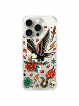 Eagle with clovers, flaming skull and rose artwork on an iPhone 15 Pro case