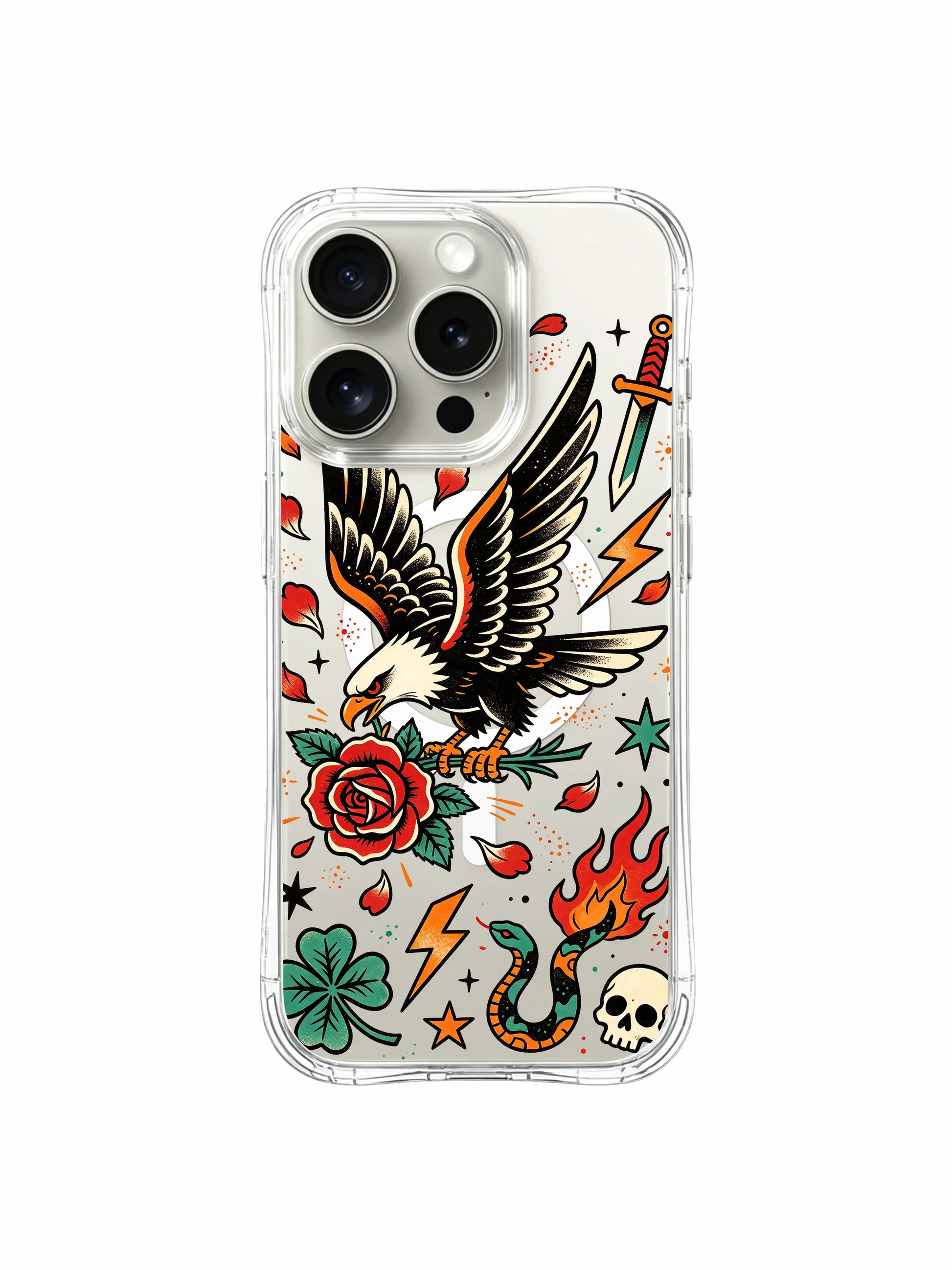 PhoneCasing iPhone 15 pro Case dual side shamrocks, bottom flaming skull detail, large red rose beside flying eagle and patterned snake, anti-drop shock absorbing art iPhone 15 pro casing.