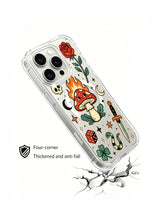PhoneCasing iPhone 15 pro Case asymmetrical dual dice layout, no skull graphic, wavy spotted green snake and scattered starbursts around fire mushroom, slim anti-yellowing iPhone 15 pro casing with free US domestic shipping.