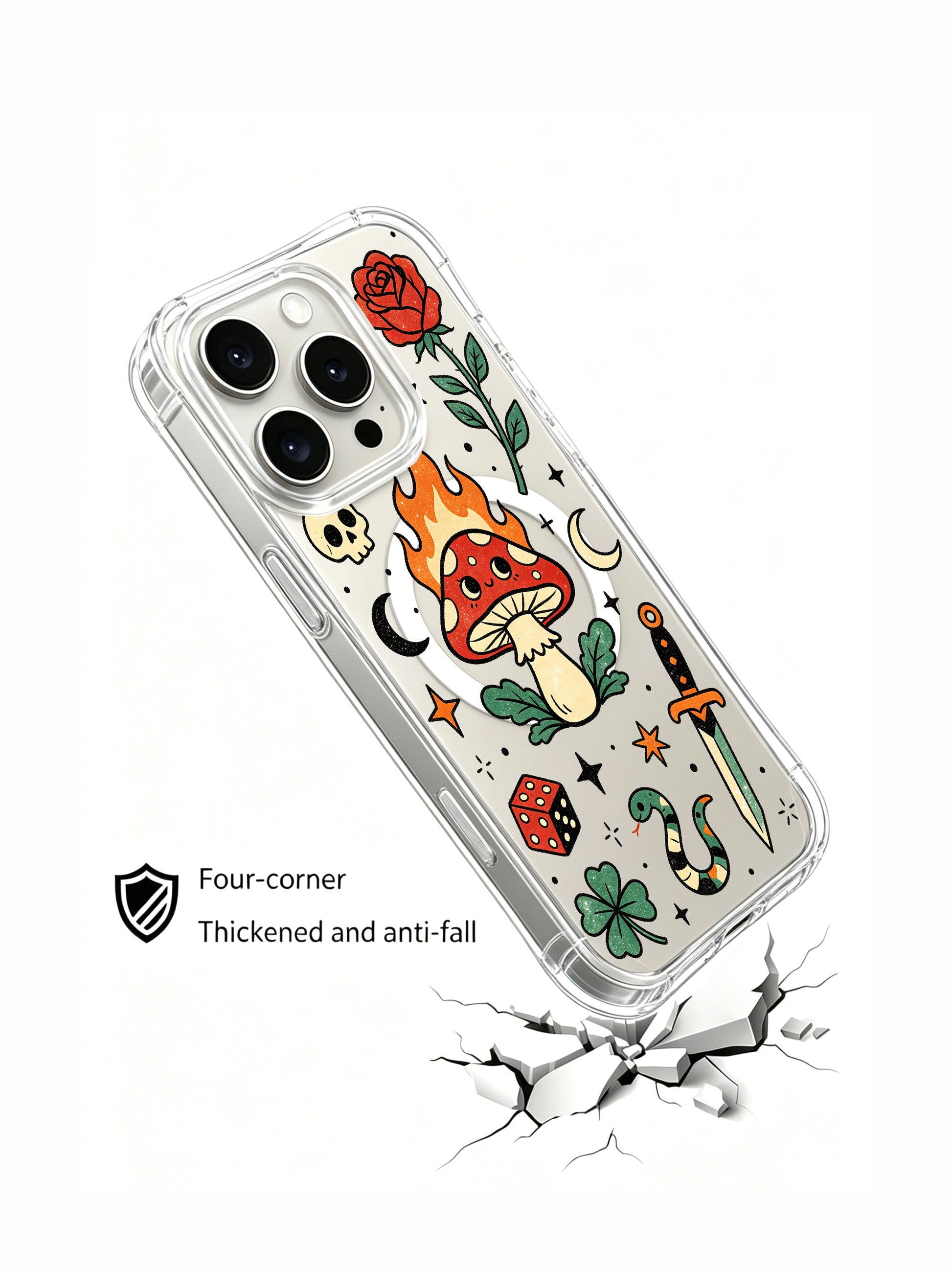 PhoneCasing iPhone 15 pro Case asymmetrical dual dice layout, no skull graphic, wavy spotted green snake and scattered starbursts around fire mushroom, slim anti-yellowing iPhone 15 pro casing with free US domestic shipping.
