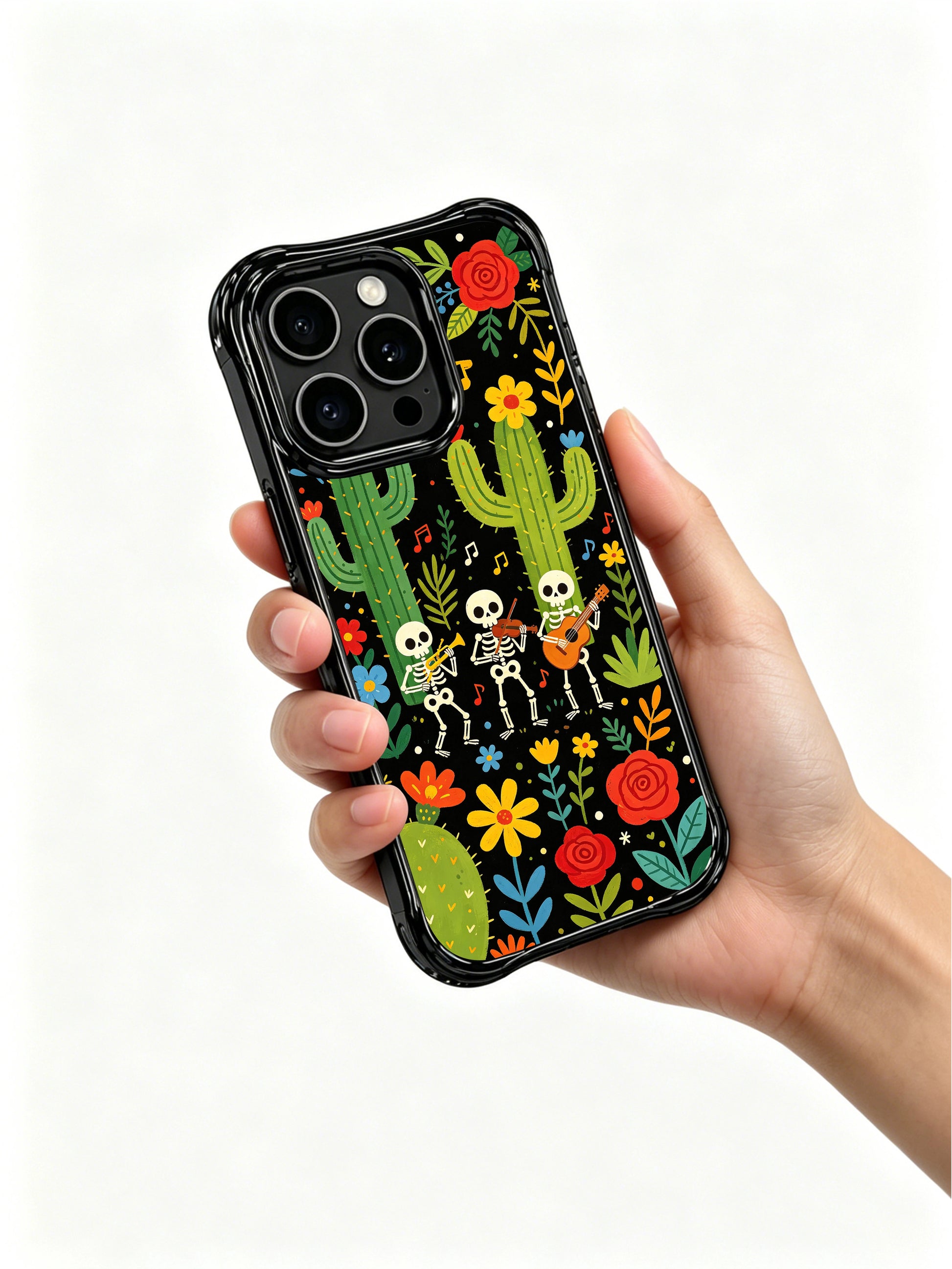 PhoneCasing iPhone 16 pro max Case featuring two skeletons playing guitar with a drummer in a desert garden, surrounded by tall cacti and bright flowers, cheerful folk art print on black background, stylish iPhone 16 pro max casing.