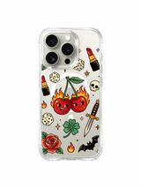 PhoneCasing iPhone 15 pro Case with dual skull ornaments, isolated fire accent, side shamrock and playful bad-girl club cherry design, collectible old school tattoo style iPhone 15 pro casing.