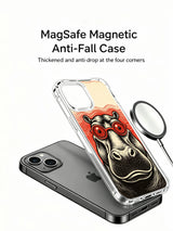 Split beige top + red flowing wave backdrop complements stoic retro hippo on PhoneCasing iPhone 13 Case, UV-printed gallery printed premium art casing crafted in California print workshop.