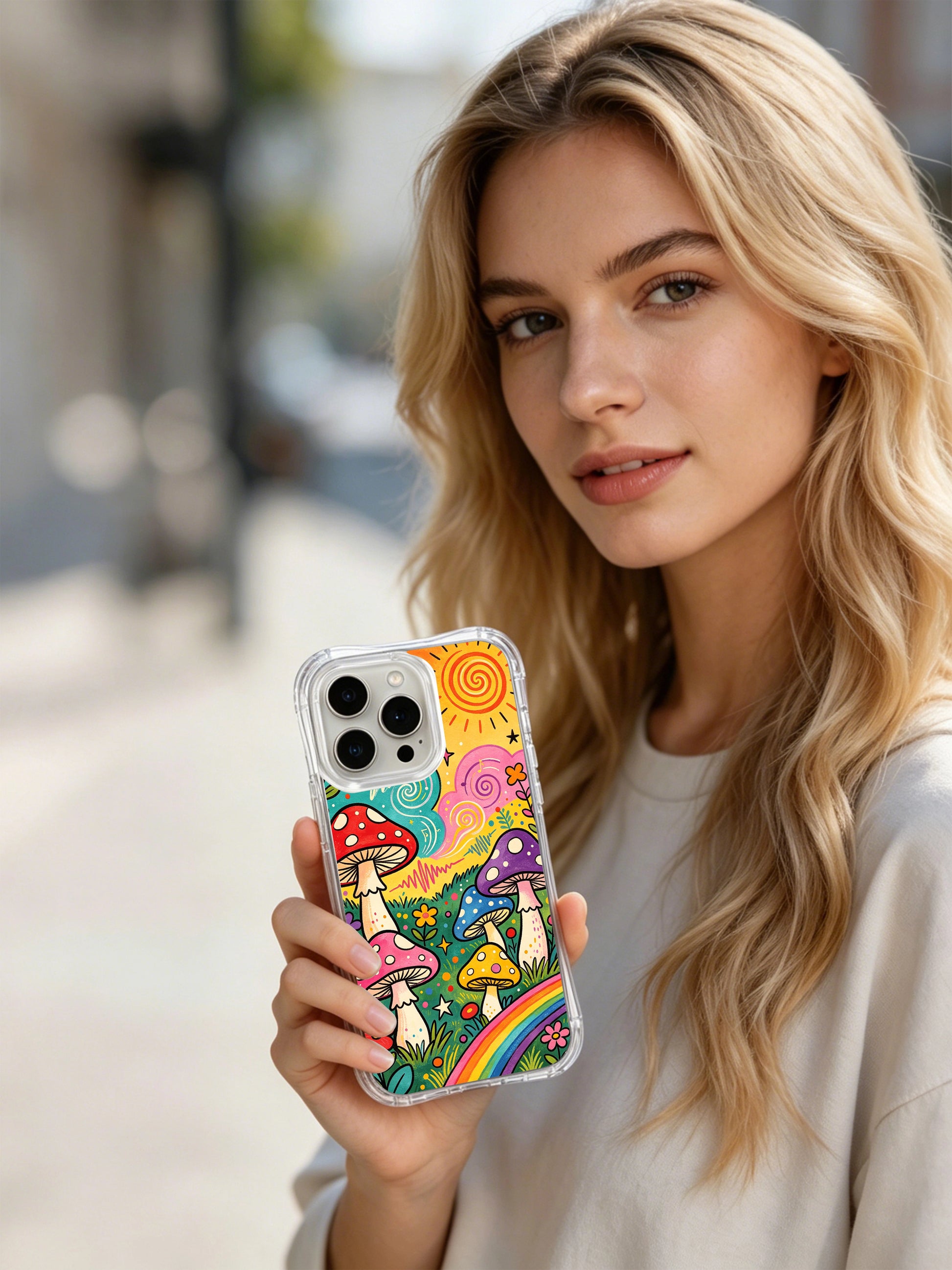 PhoneCasing iPhone 16 pro max Case, collectible fine art casing with split yellow-teal sky filled with colorful soundwave art, scattered tiny star accents amid singing mushroom meadow, long-wearing glossy US-made iPhone 16 pro max casing.