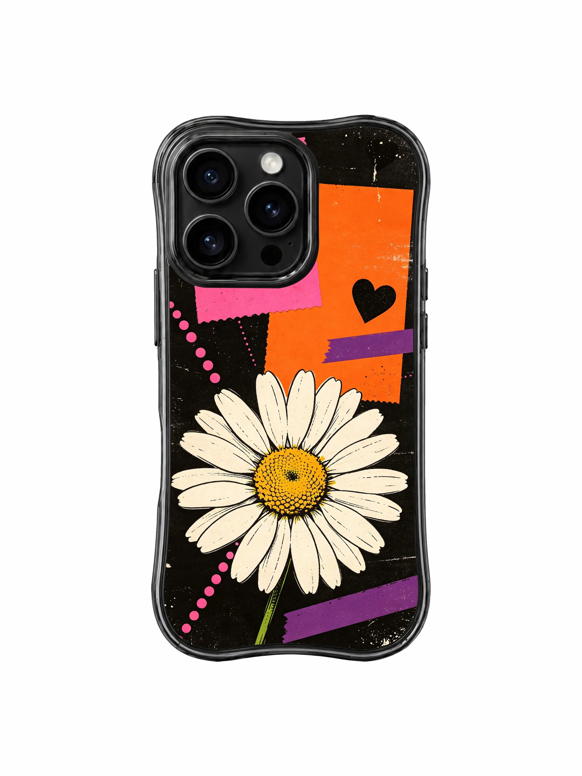 PhoneCasing iPhone 16 pro Case with bold confident rule-free vibe oversized white daisy blooming across weathered scratch grain street collage black backdrop, Ruby Daze original raw urban pop art, premium print casing crafted in California.