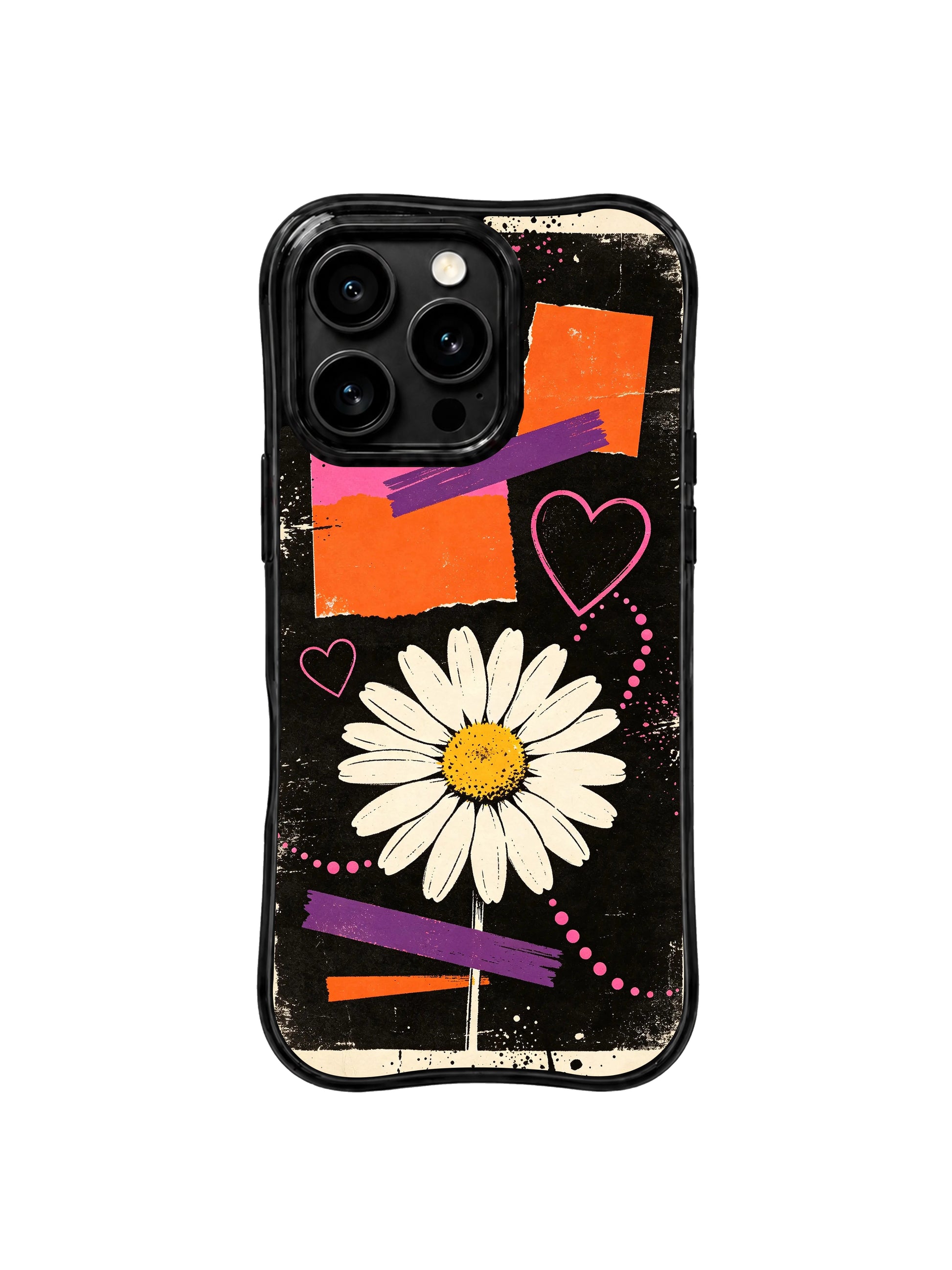 PhoneCasing iPhone 16 pro Case with bold confident rule-free vibe oversized white daisy blooming across weathered scratch grain street collage black backdrop, Ruby Daze original raw urban pop art, premium print casing crafted in California.