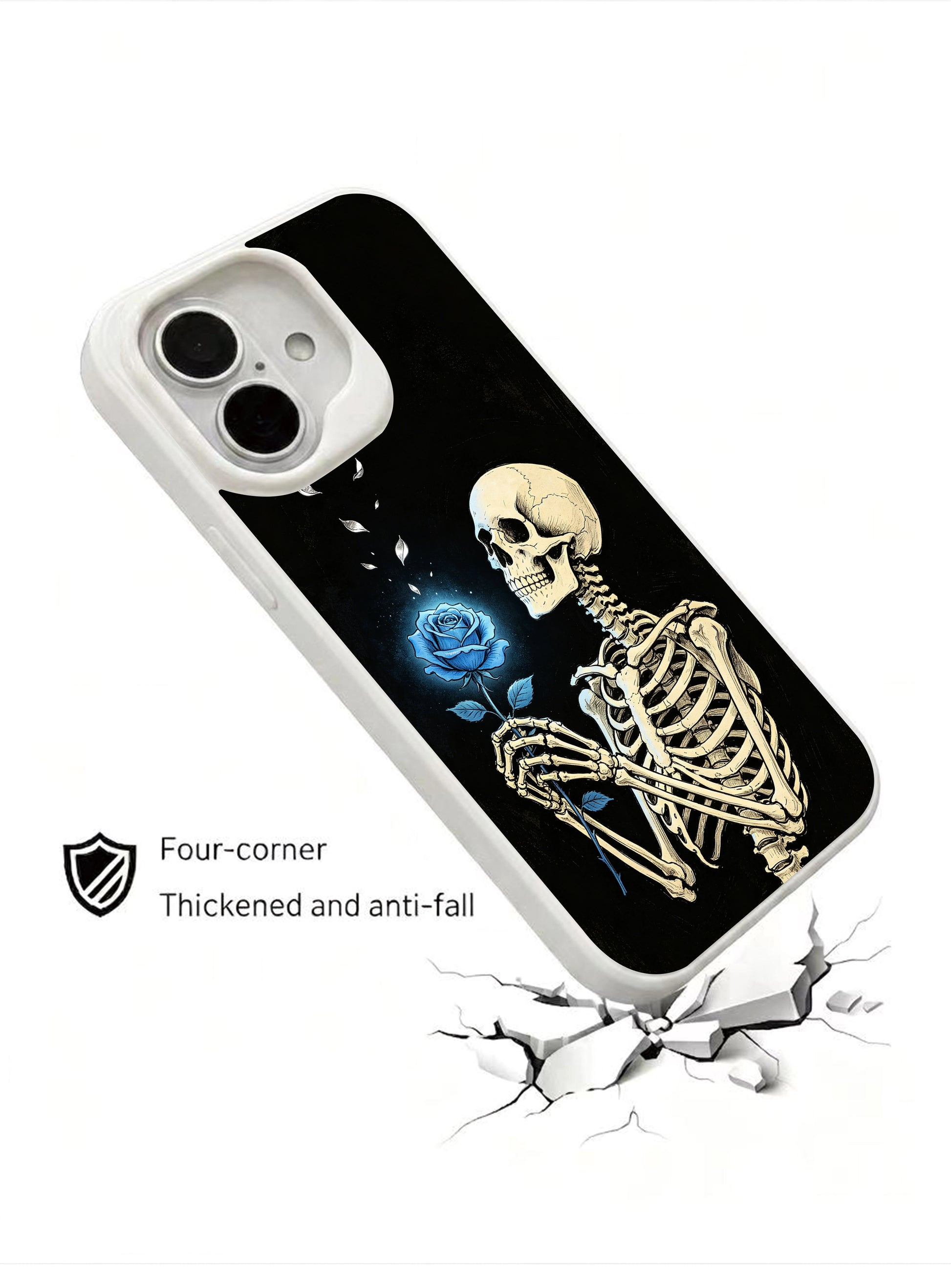 PhoneCasing Unattainable Wish goth iPhone 16 Case, dark academia torso skeleton illustration with glowing blue rose blooming from bony palm, four-corner anti-drop reinforced casing USA-manufactured