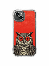 Woodcut Nocturne: A low owl with upright red lenses, leaving a large open red area above.