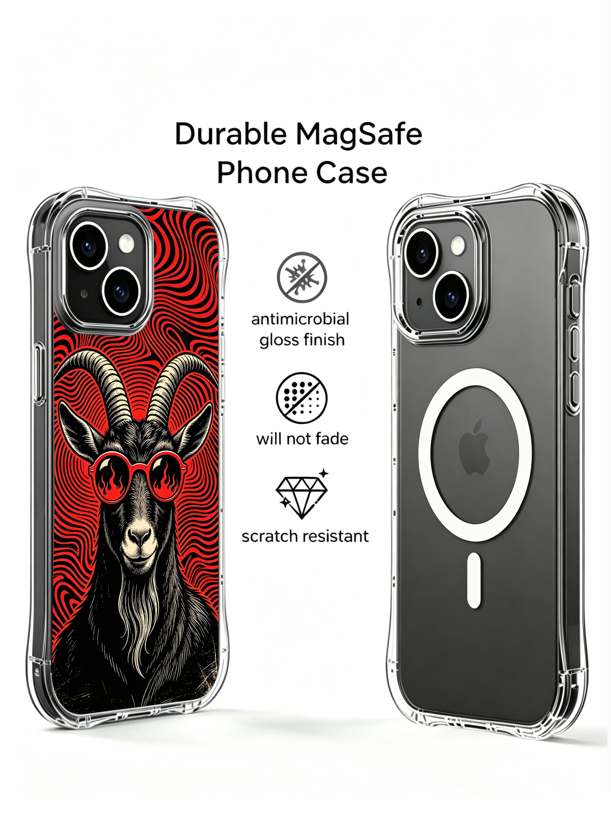 Vintage woodcut underground rock tour poster style black goat artwork featured on PhoneCasing iPhone 13 Case, premium licensed art phone cover manufactured in USA as luxury collectible gift for art-loving American women.