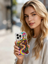 Underground rainbow cave and mycelium map artwork on an iPhone 16 Pro Max case