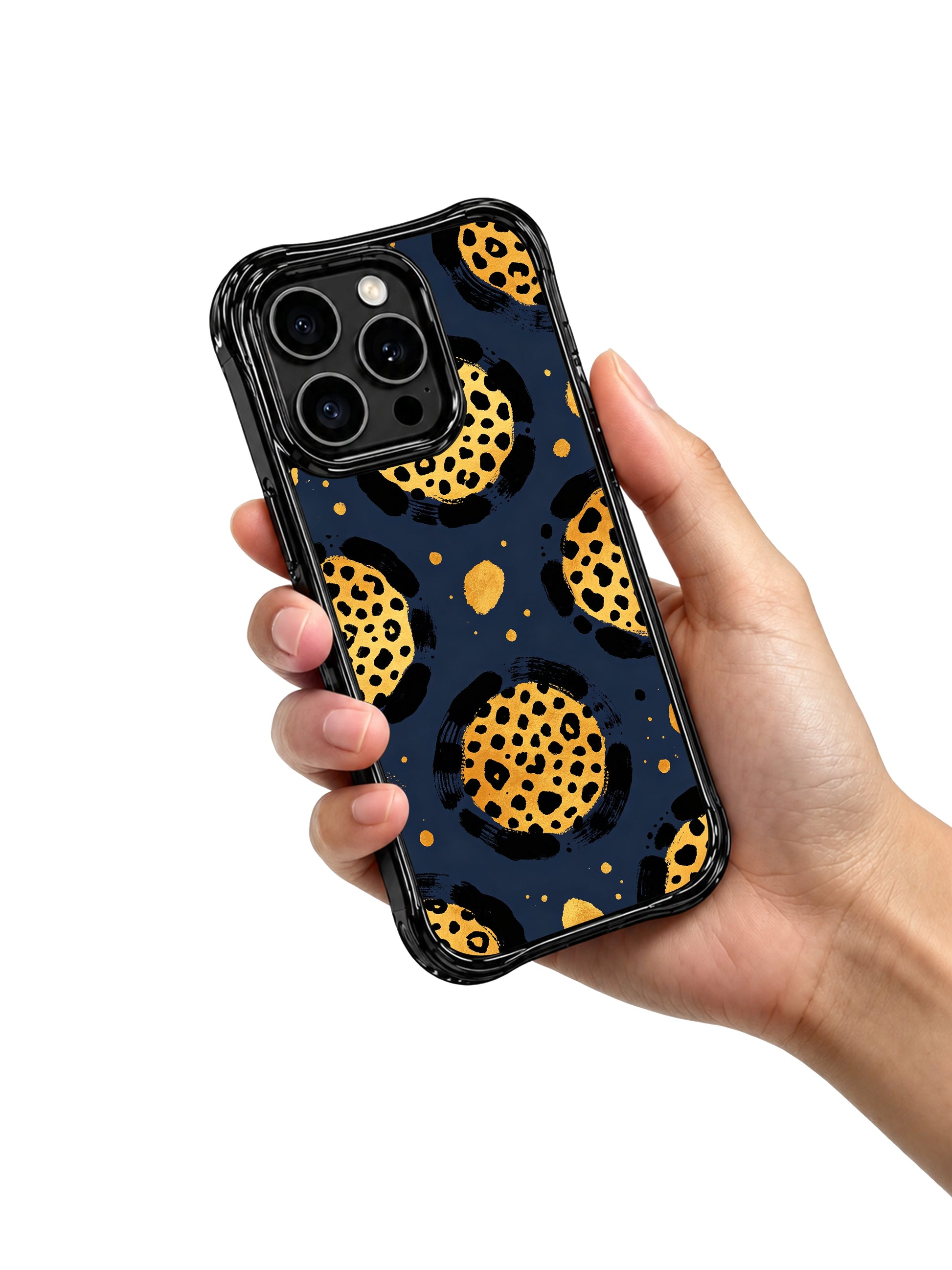 Calm minimalist midnight golden drift leopard iPhone 14 Pro Case by PhoneCasing, deep night blue base paired with subtle shimmer gold cheetah rosettes, limited edition wearable art casing for office & formal outfits