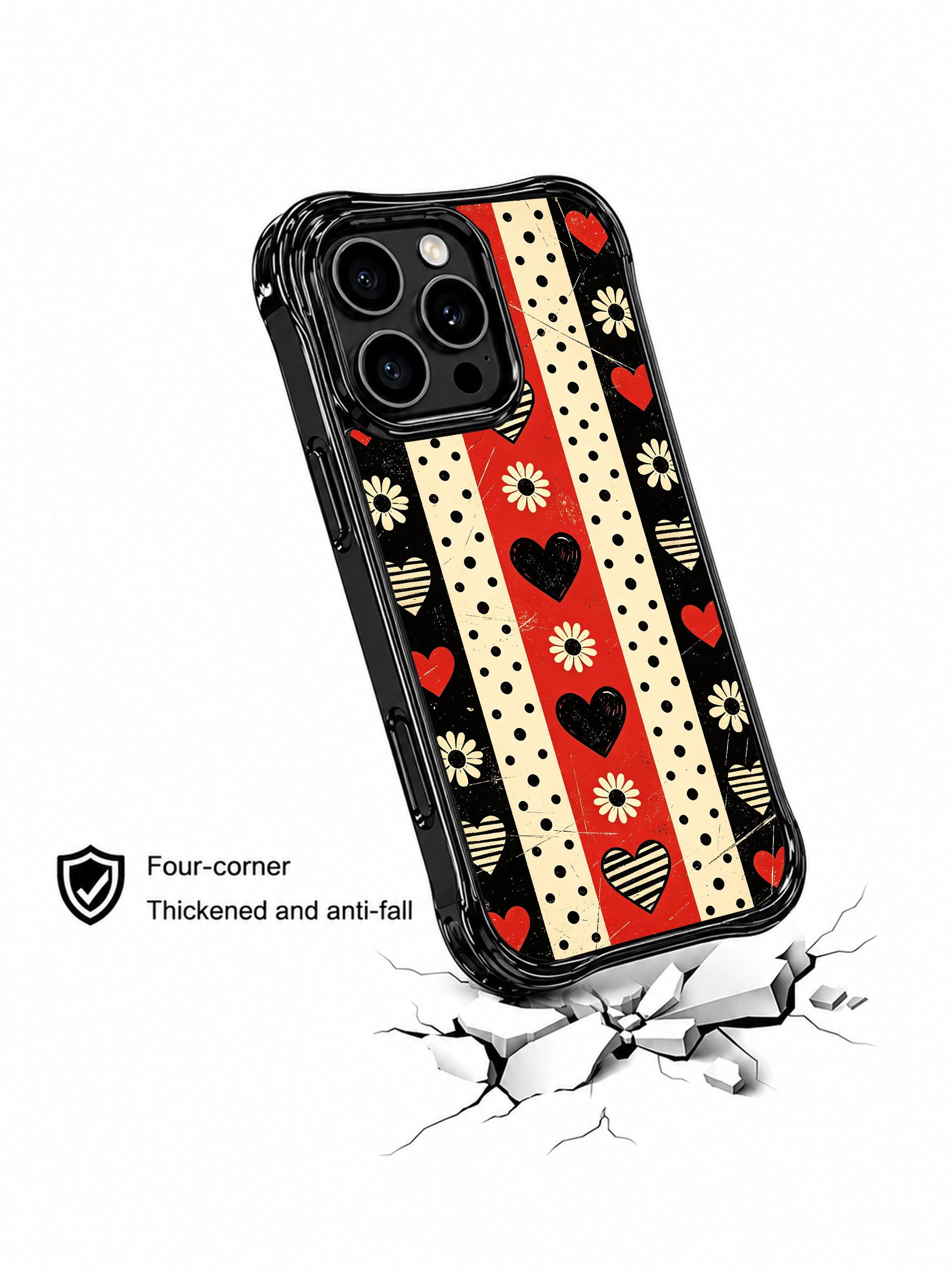 PhoneCasing iPhone 16 pro Case with textured aged scratch grunge matte canvas layered alternating vertical/horizontal red-black-cream checker block segments and triple variant solid/striped heart shapes with border vintage cream daisies, Ruby Daze Punk Daisy Checker Love artist-designed wavy casing for sharp confident dark punk feminine style.