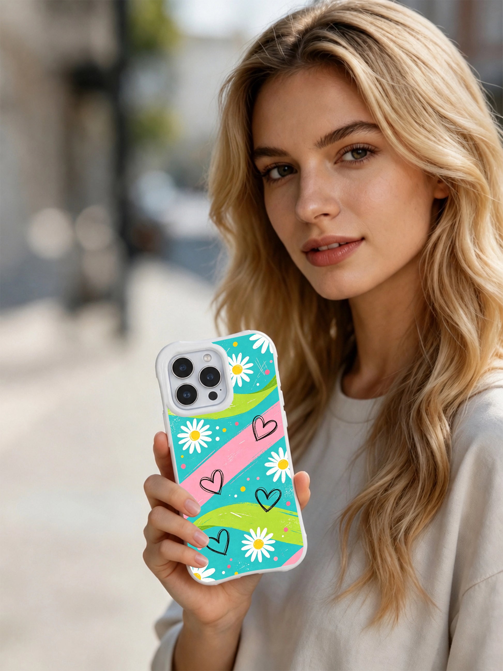 PhoneCasing iPhone 16 pro Case with authentic rough textured paint brush streaks and loose organic hand sketch daisy outlines, exclusive Ruby Daze Electric Picnic Flowers floral artwork, scratch resistant phone protection.