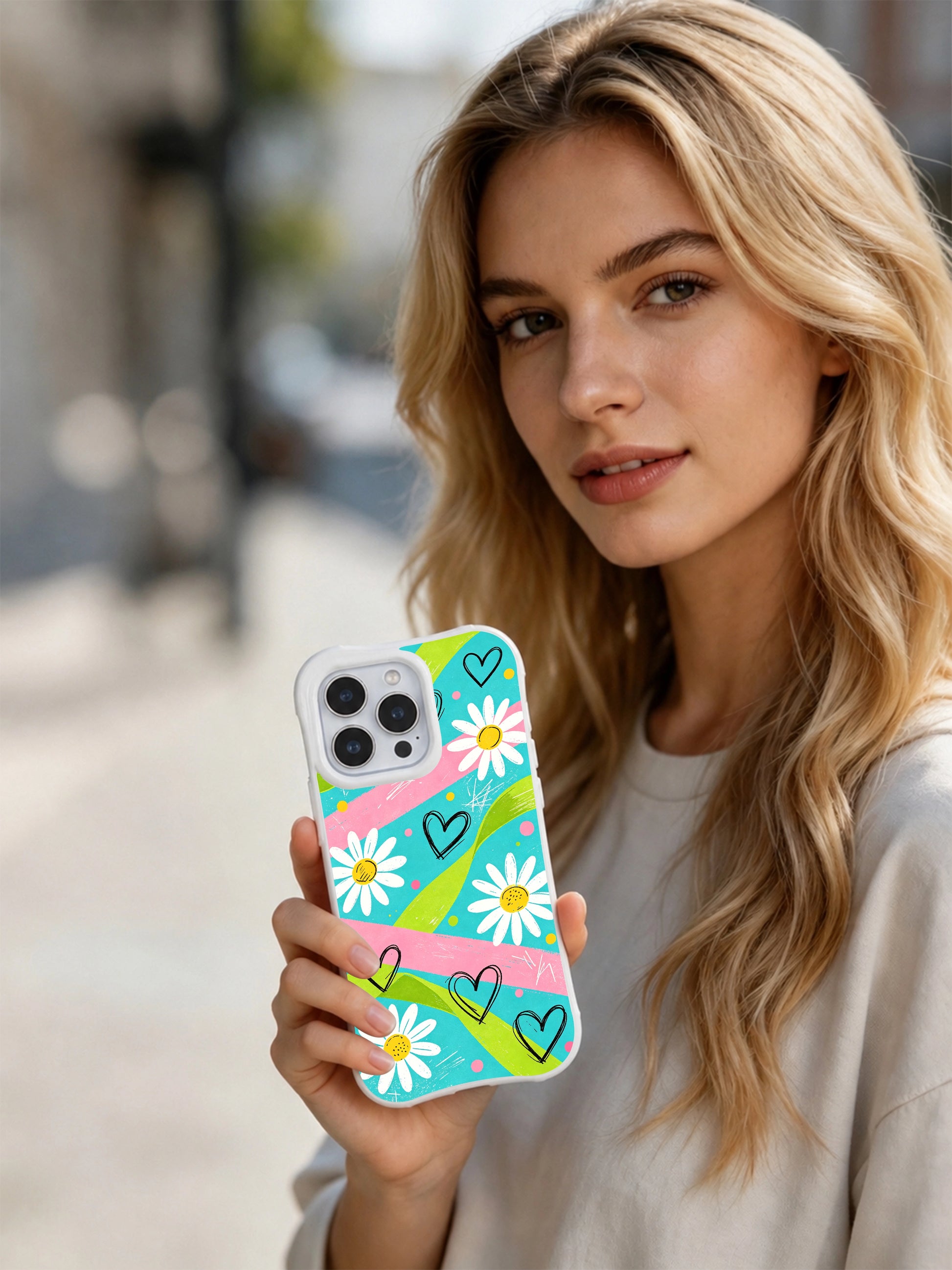 PhoneCasing iPhone 16 pro Case with authentic rough textured paint brush streaks and loose organic hand sketch daisy outlines, exclusive Ruby Daze Electric Picnic Flowers floral artwork, scratch resistant phone protection.