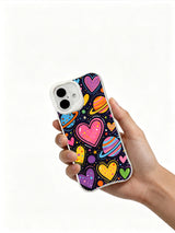 Universe Doodle Hearts artwork on an iPhone 16 Plus case