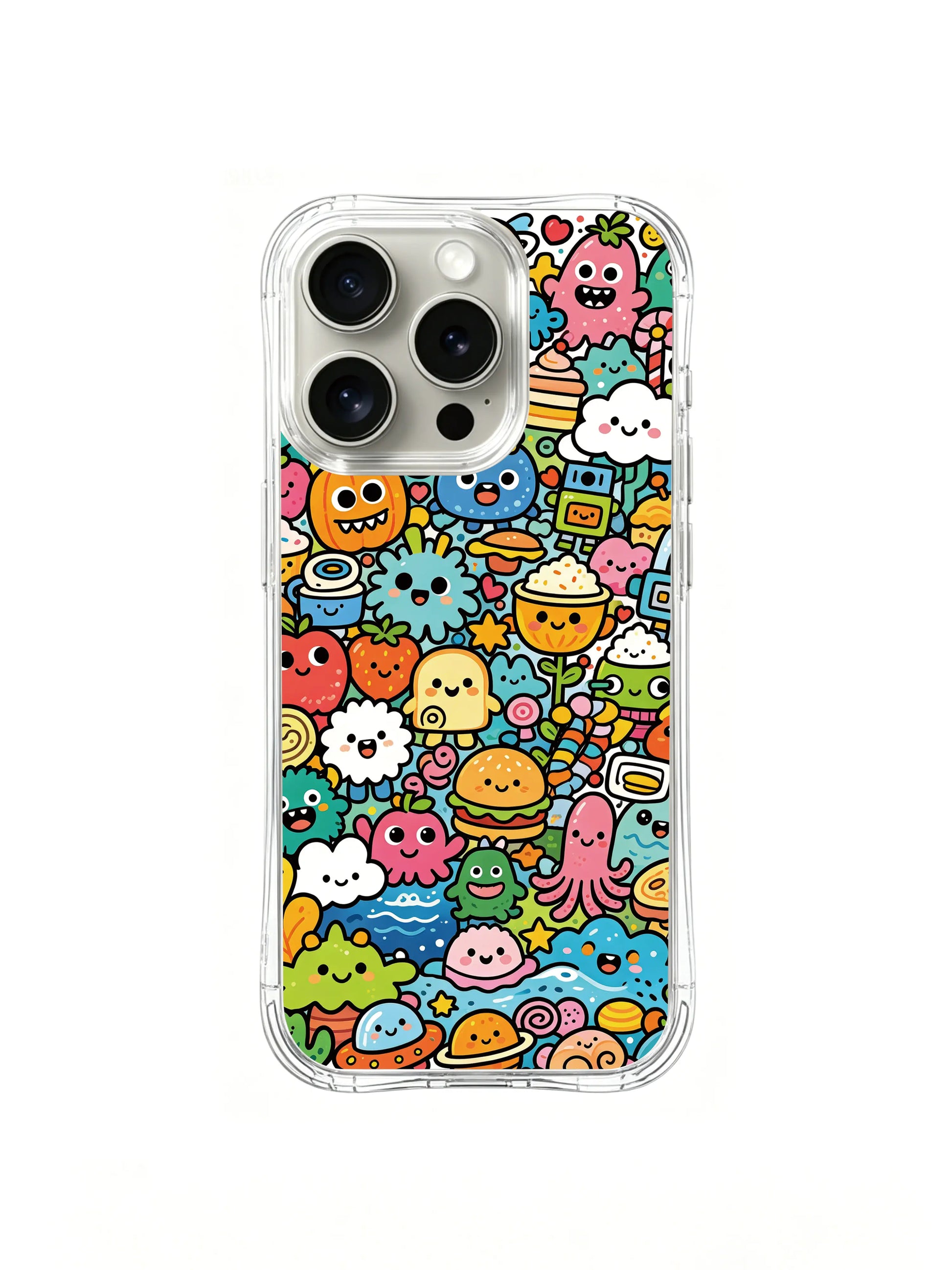 PhoneCasing iPhone 16 pro Case with the cute galactic friends crew posing for their big group photo, exclusive Milo Yun design, high-quality printed art casing.