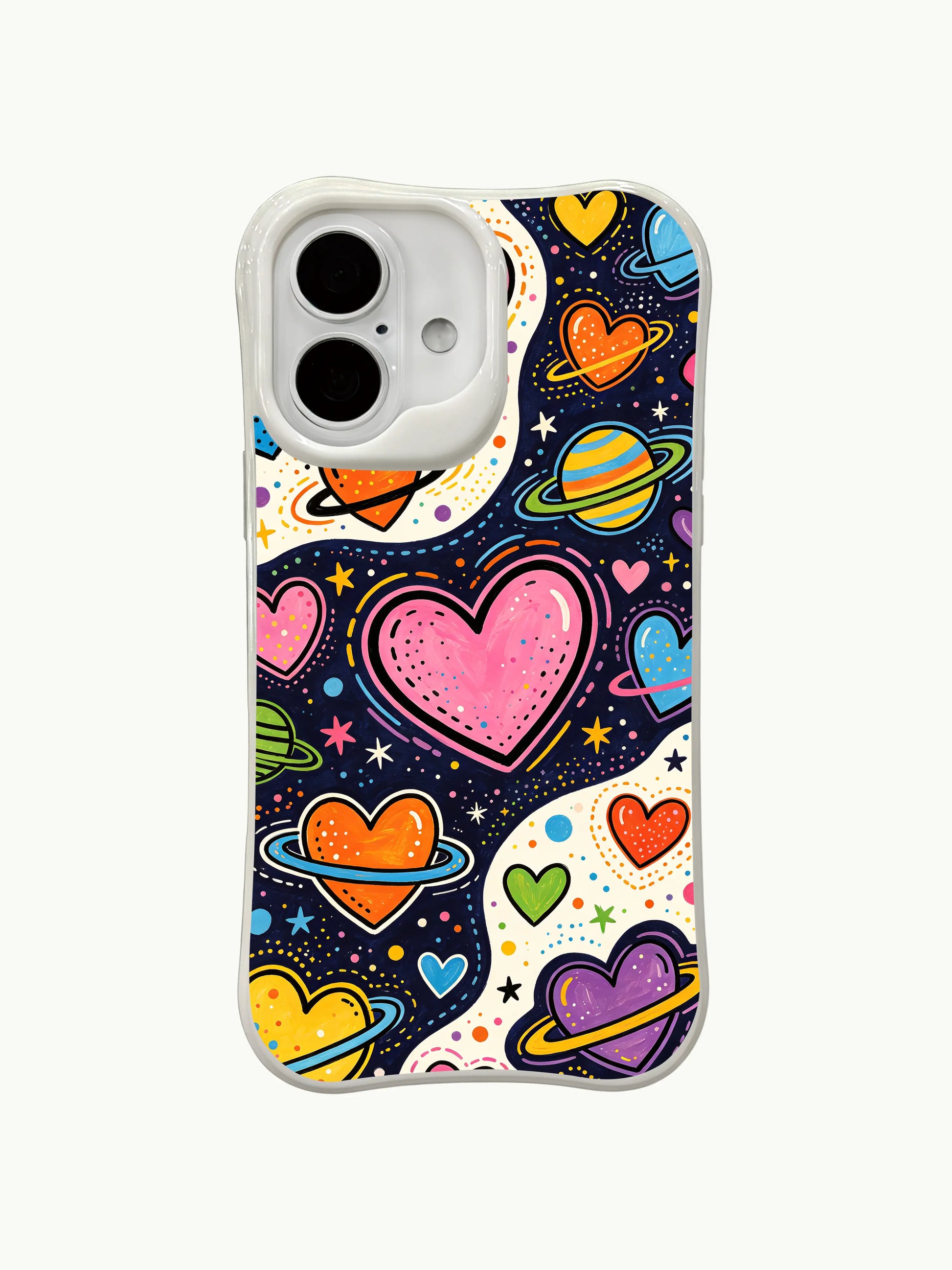  PhoneCasing Universe Love Hearts Case for iPhone 16 Plus, a whimsical iPhone 16 plus casing with heart planets and retro accents.
