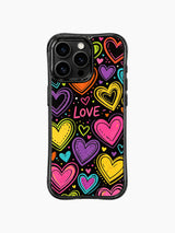 PhoneCasing iPhone 13 Pro Max cover expressive Sweet Chaos Hearts neon doodle artwork, representing wild unfiltered excitement and happy surprise of new romance phone casing.