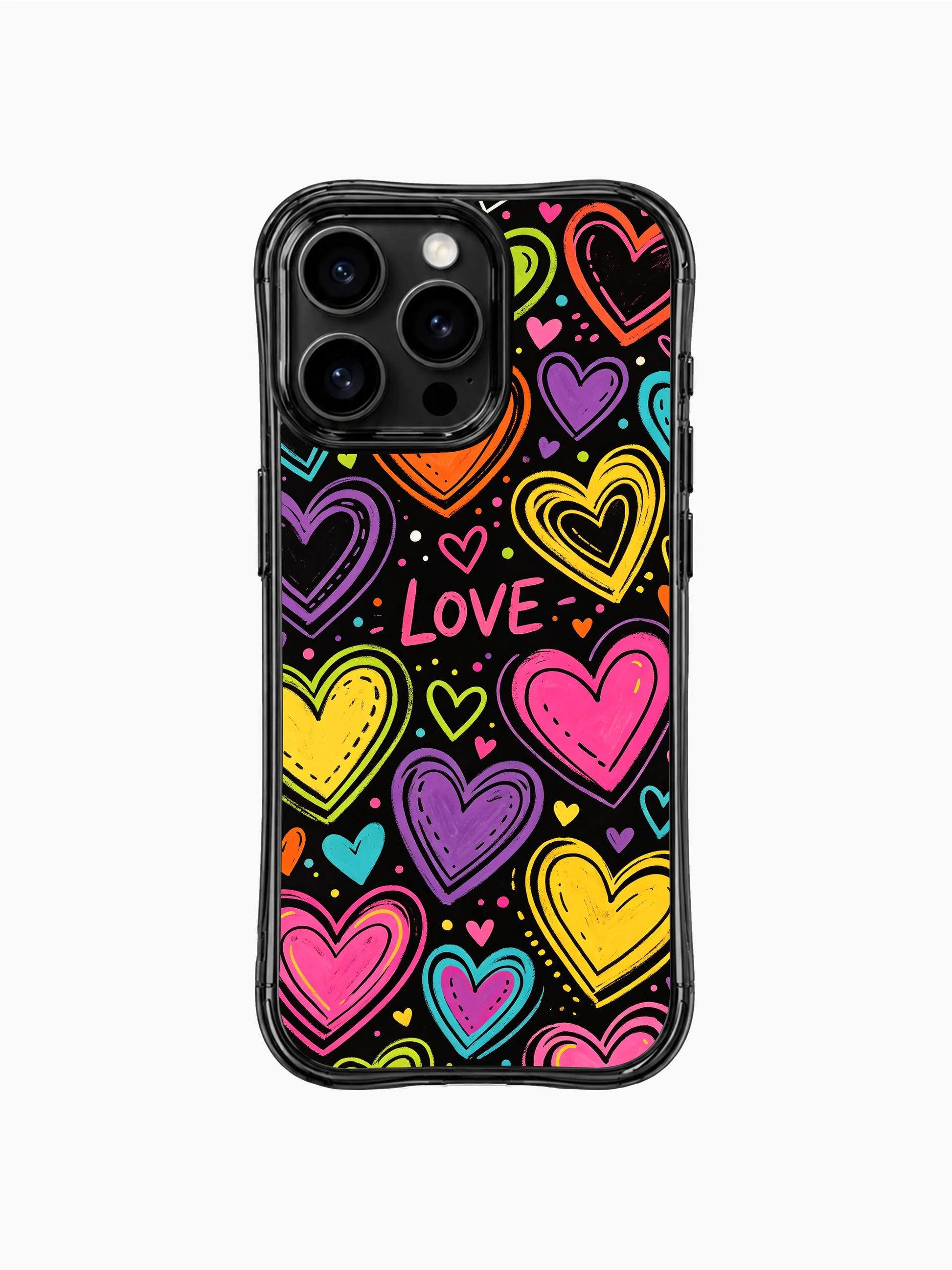 PhoneCasing iPhone 13 Pro Max cover expressive Sweet Chaos Hearts neon doodle artwork, representing wild unfiltered excitement and happy surprise of new romance phone casing.