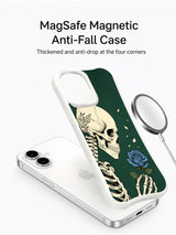 PhoneCasing Unspoken Wish Bloom spiritual goth iPhone 16 Case, hand-drawn skeleton cherishing wild blue rose as hidden personal dream blooms, antimicrobial smooth finish durable iPhone 16 casing