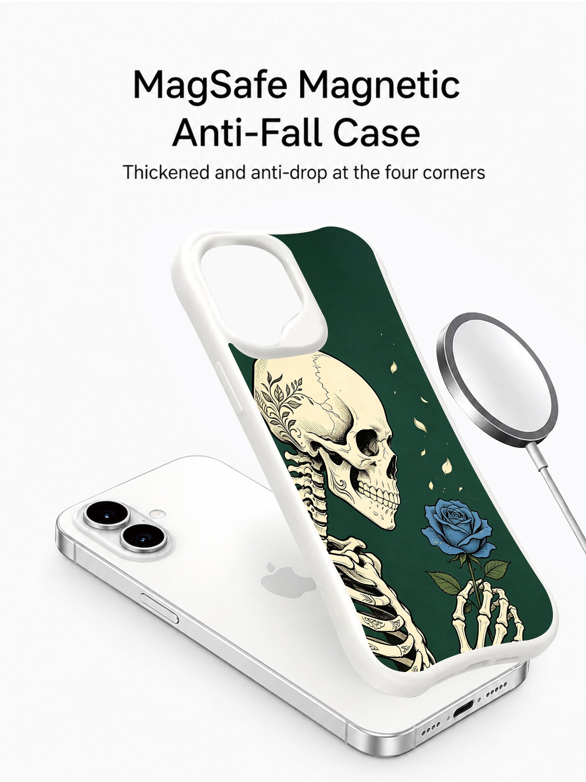 PhoneCasing Unspoken Wish Bloom spiritual goth iPhone 16 Case, hand-drawn skeleton cherishing wild blue rose as hidden personal dream blooms, antimicrobial smooth finish durable iPhone 16 casing