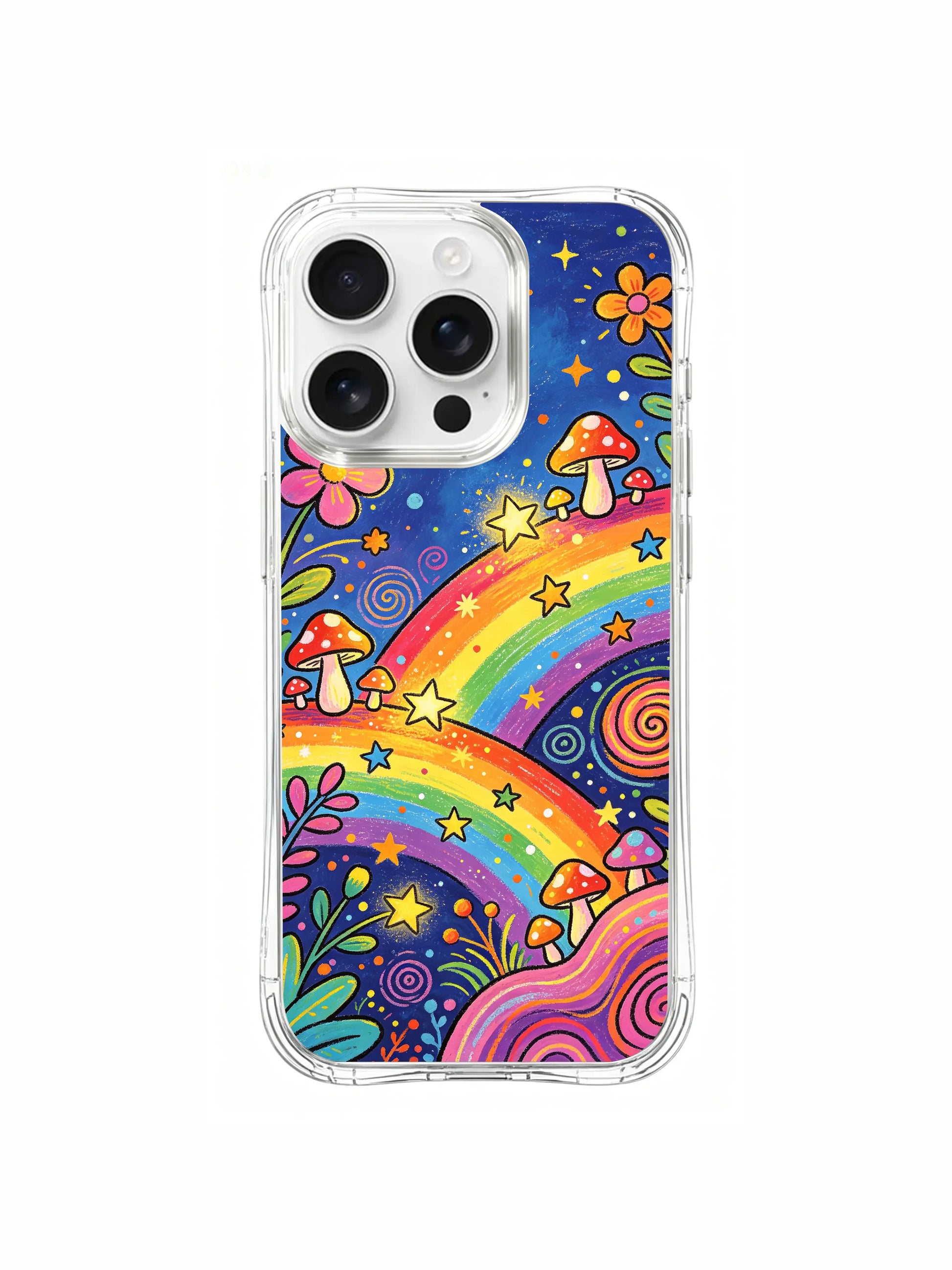 PhoneCasing iPhone 16 pro max Case, protective clear art casing with scattered star cloud detail at upper left, bright daisy wreath surrounding clustered star-collector mushrooms atop rainbow knolls, artist-exclusive anti-drop everyday iPhone 16 pro max casing.