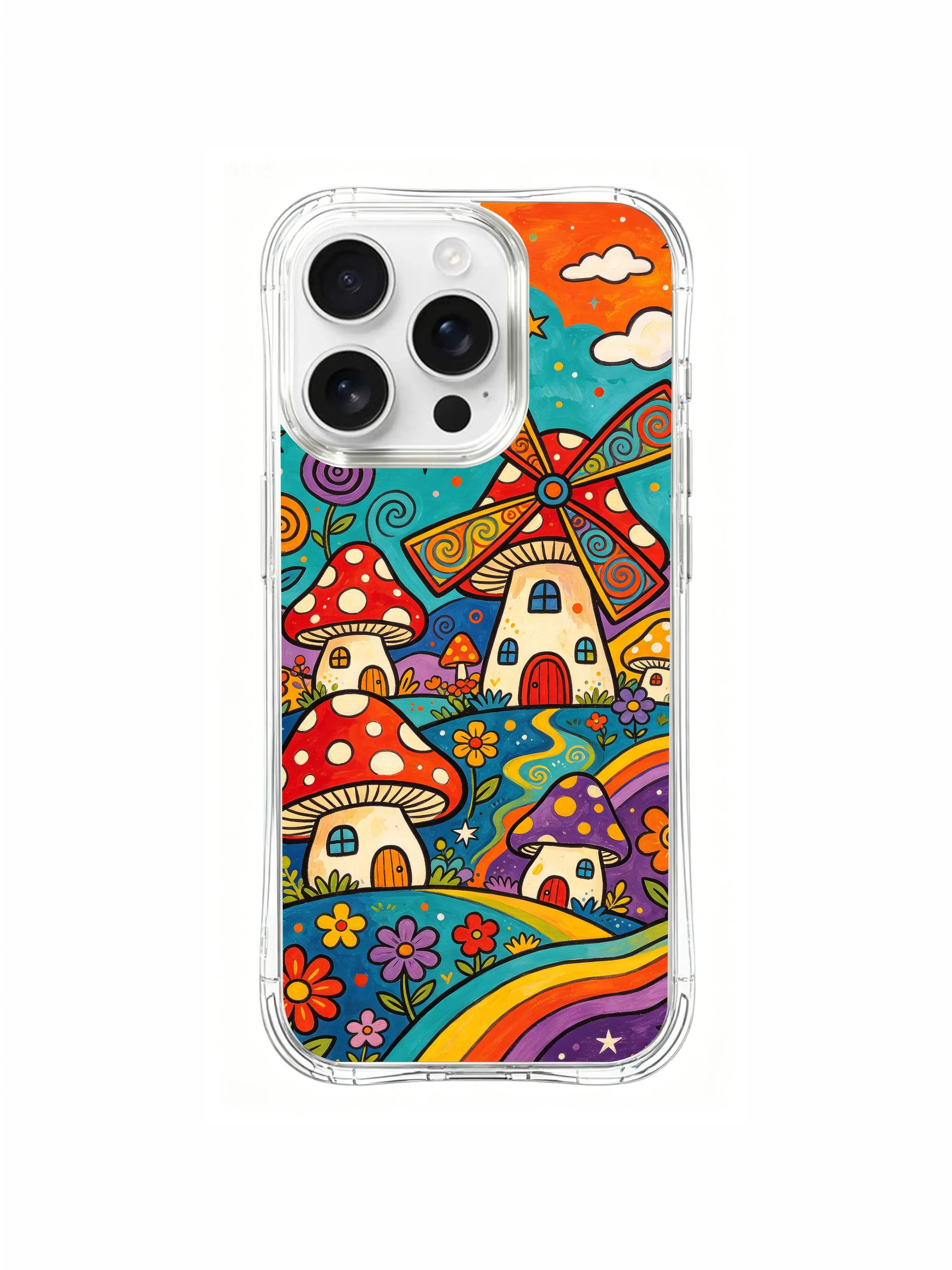 PhoneCasing iPhone 16 pro max Case, protective clear art casing with bold spiral sun set at upper right corner, bright daisy wreath surrounding clustered windmill mushroom troop atop rolling hills, artist-exclusive anti-drop everyday iPhone 16 pro max casing.