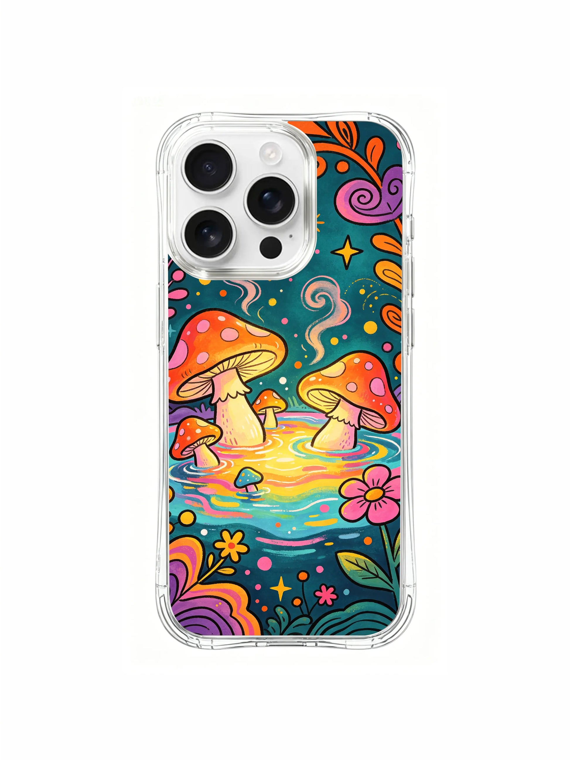 PhoneCasing iPhone 16 pro max Case, protective clear art casing with spiral foliage decoration at upper right corner, bright daisy wreath framing bathing glowing mushroom troop beside hot spring, artist exclusive anti-drop iPhone 16 pro max casing.