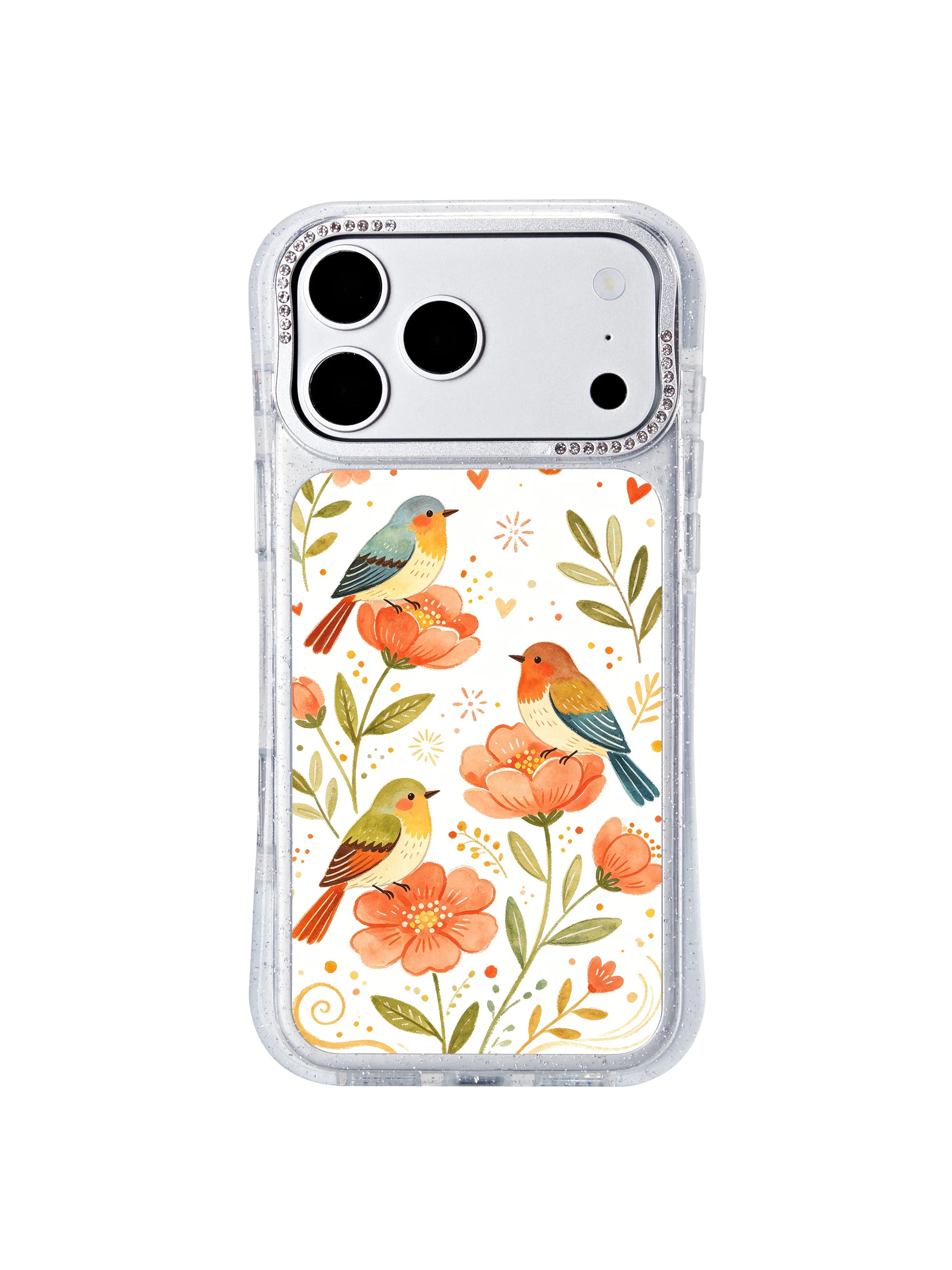 PhoneCasing slim lightweight iphone 17 pro Max casing featuring Aurelia Finch’s uplifting garden freedom motif, low-profile shockproof hourglass frame easy to slide into purses and crossbody bags.