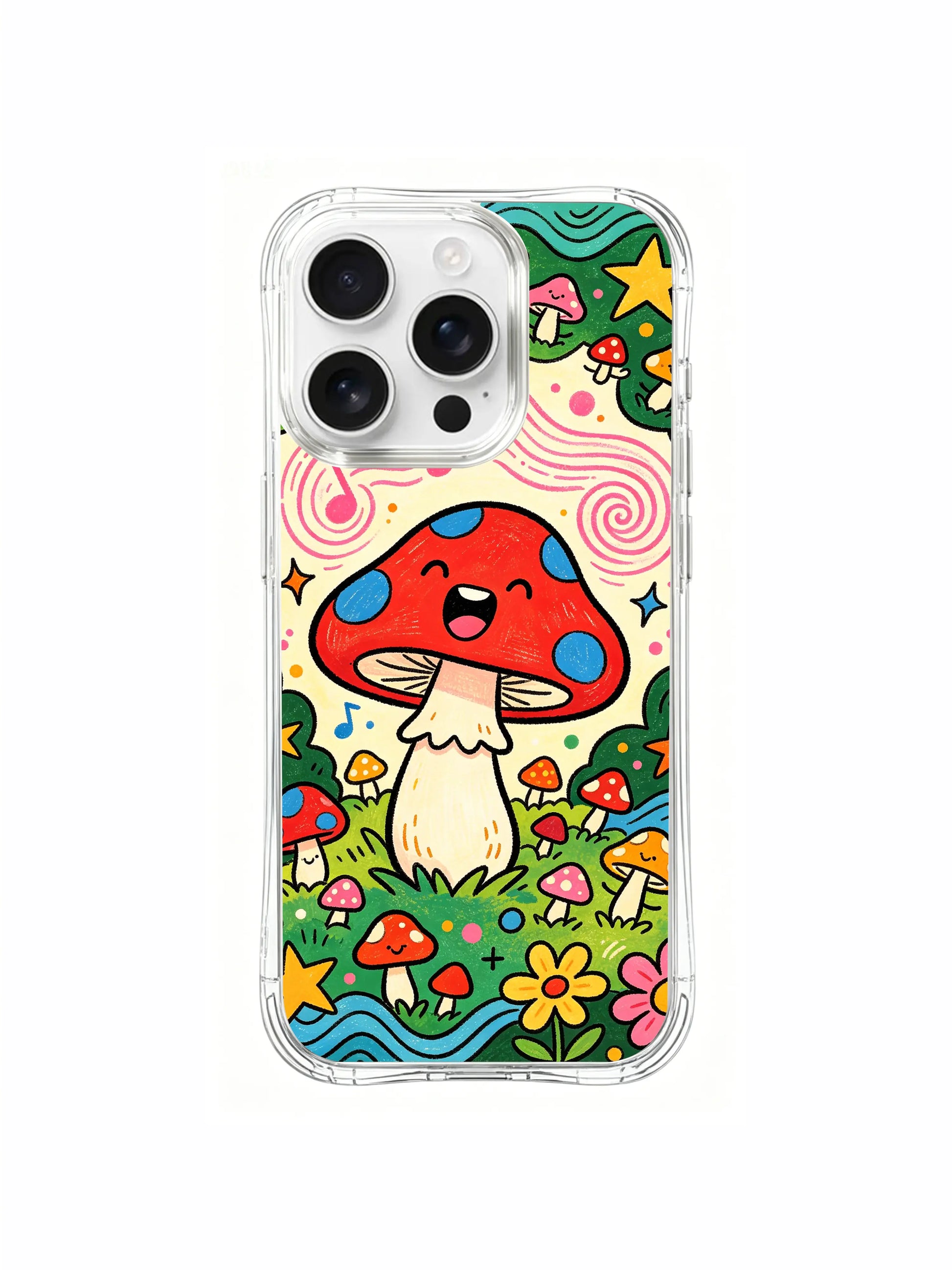 PhoneCasing iPhone 16 pro max Case, fine art casing featuring upward arching pink music swirl rising from the singing mushroom’s mouth, exclusive limited collab art casing with fade-proof gallery ink printingvv