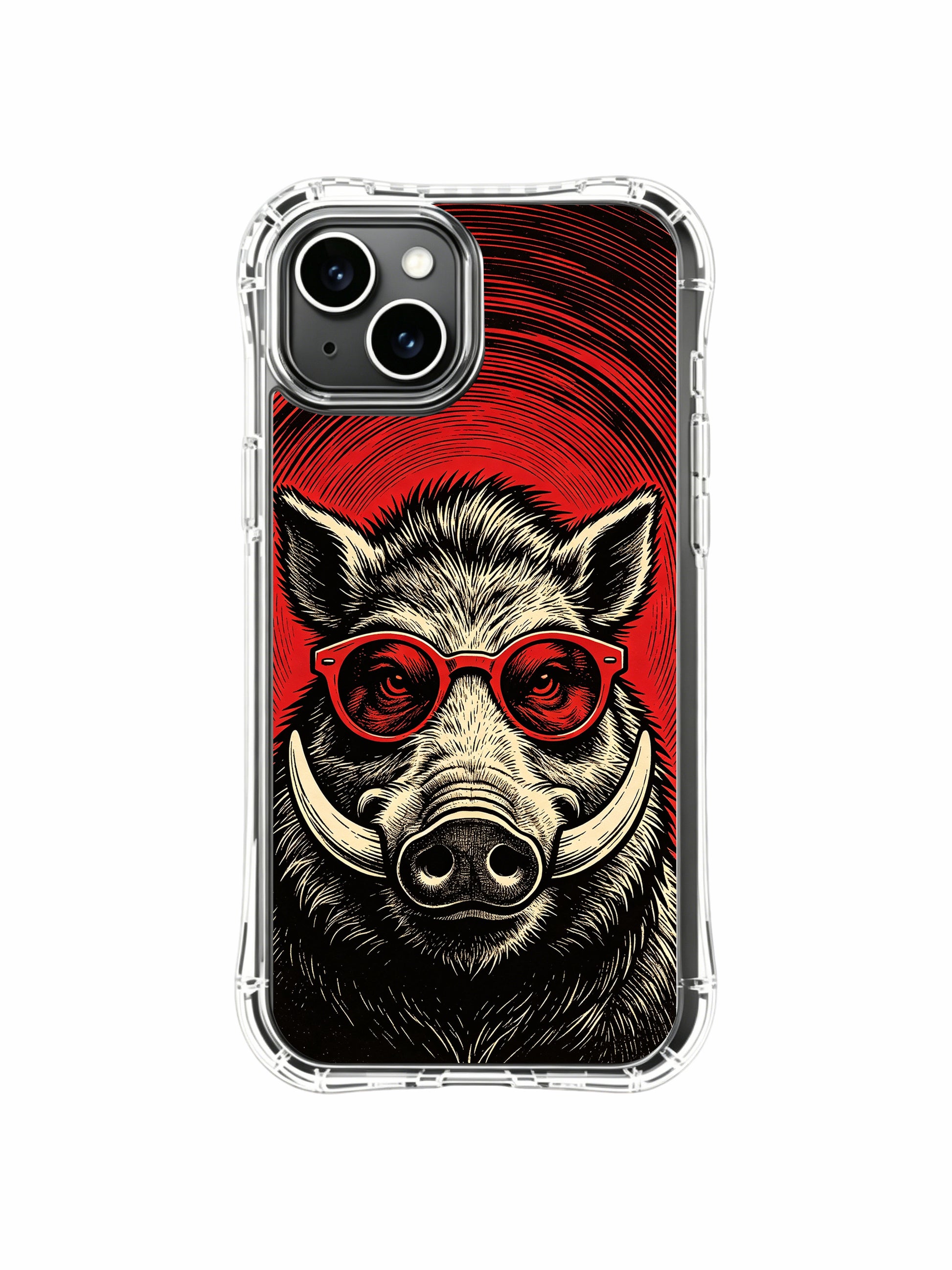 USA locally manufactured luxury illustrated red lens stylish wild boar PhoneCasing iPhone 13 Case, authentic Rufus Vale art casing as personalized wearable art gift for female collectors.