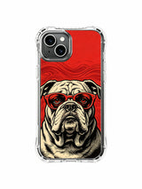 Red-lens bulldog in a vintage poster style artwork on an iPhone 13 case