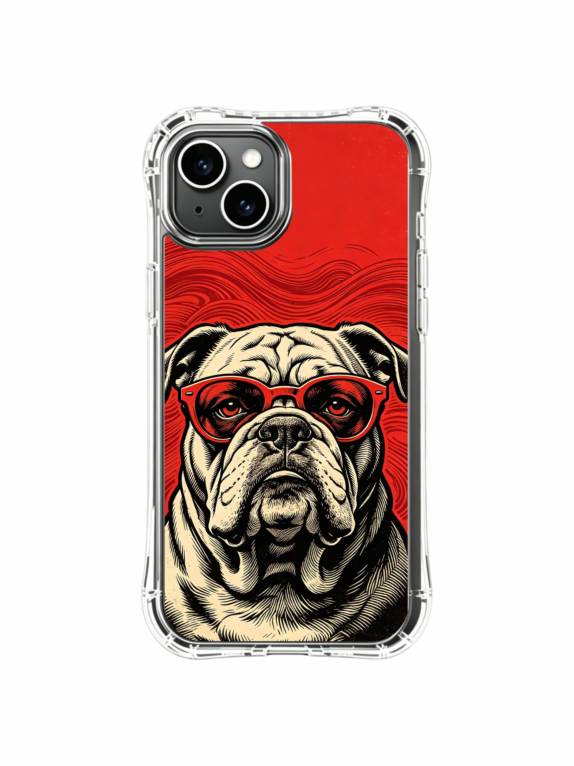USA locally manufactured luxury illustrated red lens retro bulldog PhoneCasing iPhone 13 Case, authentic Rufus Vale art casing as personalized wearable art gift for female rock & animal collectors.