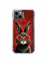 USA locally manufactured luxury illustrated red spiral lens black rabbit PhoneCasing iPhone 13 Case, authentic Rufus Vale art casing as personalized wearable art gift for female collectors.