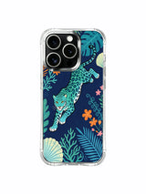Cyan spotted cat in a coastal flower scene artwork on an iPhone 13 Pro case
