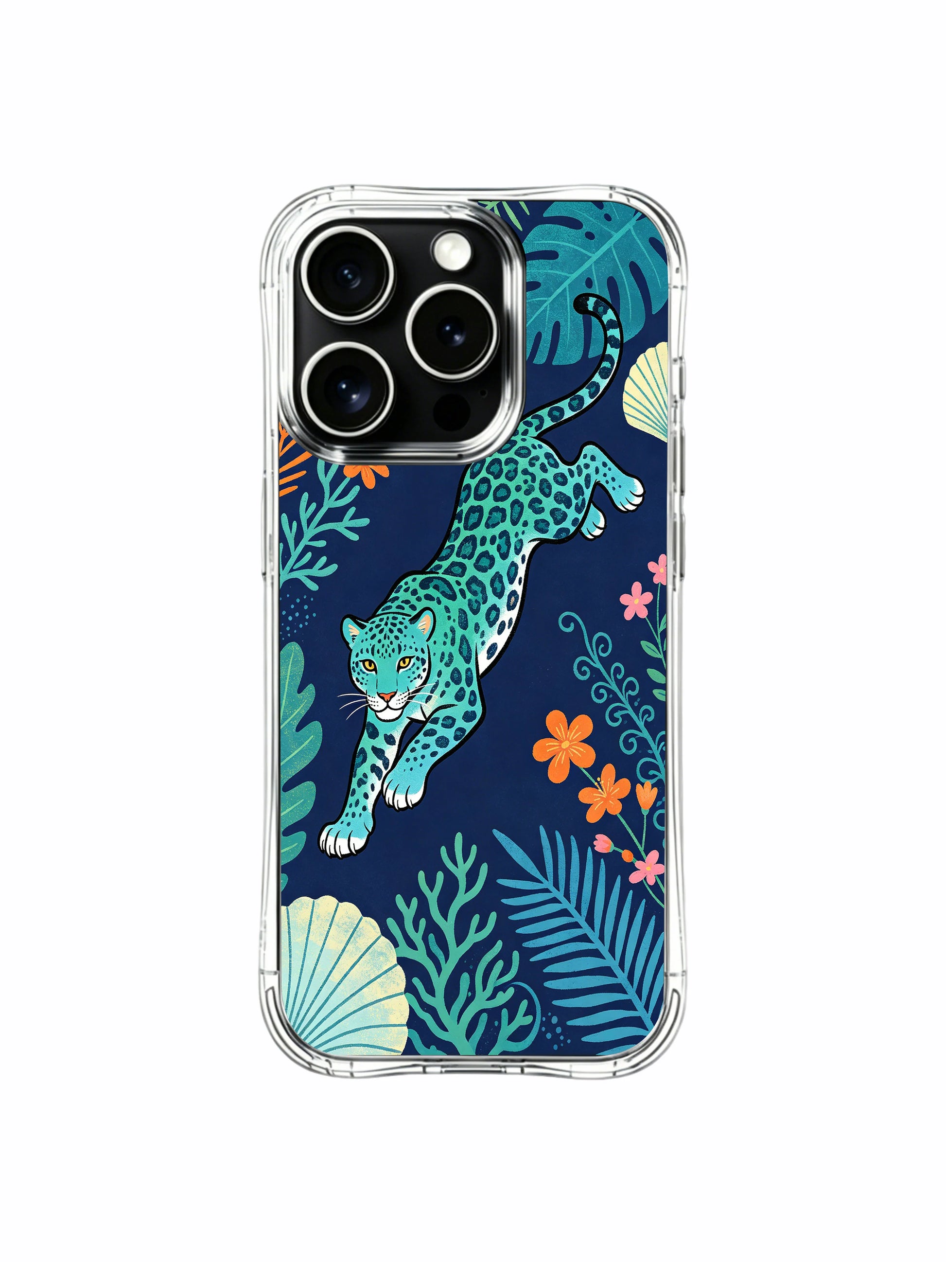 USA locally crafted dream-escape themed ocean breeze blue jaguar iPhone 13 pro Case from PhoneCasing, shockproof sturdy iPhone 13 pro casing with mixed seasonal tropical coral flowers, upscale gift-ready seaside art phone cover.