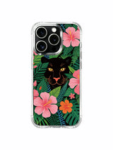 Black panther among pink-orange flowers artwork on an iPhone 13 Pro case