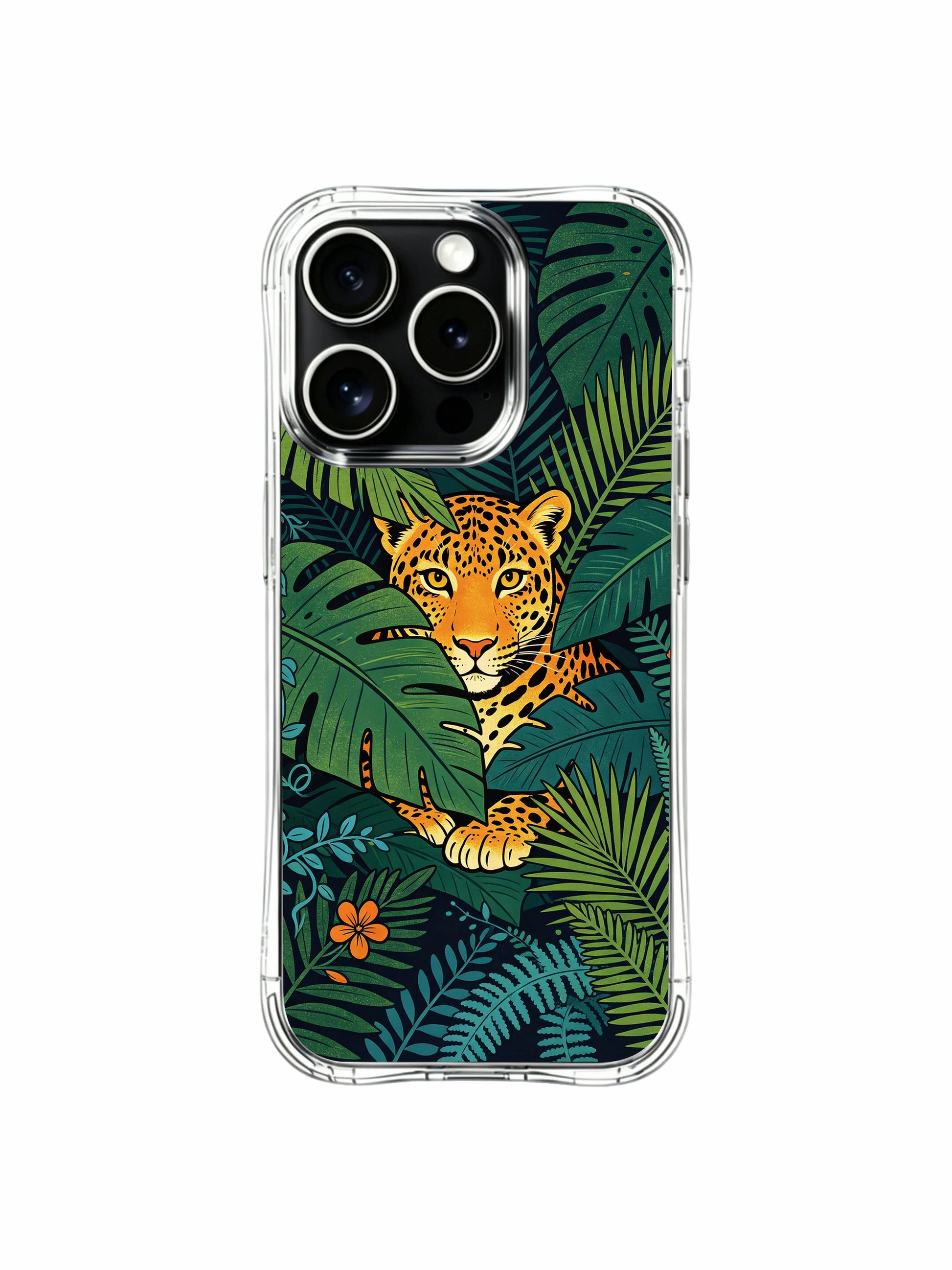 USA locally crafted explorer-style hidden rainforest jaguar iPhone 13 pro Case from PhoneCasing, shock-absorbent sturdy iPhone 13 pro casing with scattered orange wildflowers, upscale gift-ready nature art phone cover.
