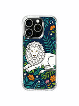 White lion framed by seasonal tropical flowers artwork on an iPhone 13 Pro case