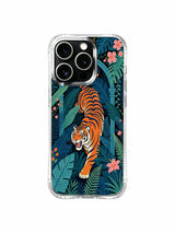 USA locally crafted adventure-themed green palace prowling tiger iPhone 13 pro Case from PhoneCasing, shockproof sturdy iPhone 13 pro casing with mixed seasonal tropical flowers, upscale gift-ready nature art phone cover.
