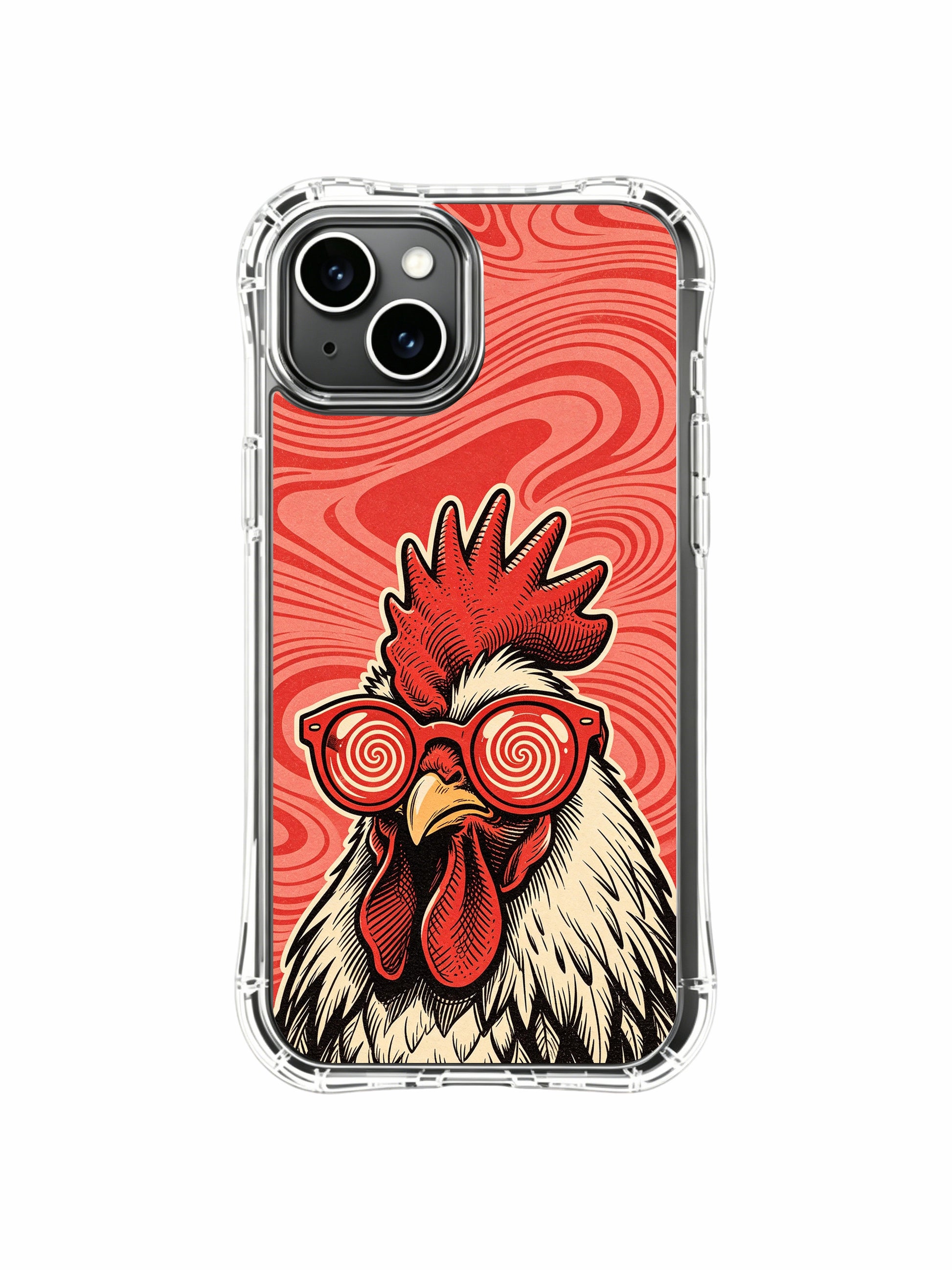 USA locally manufactured luxury illustrated red lens dawn rooster PhoneCasing iPhone 13 Case, authentic Rufus Vale art casing as personalized wearable gift for female rock art collectors.